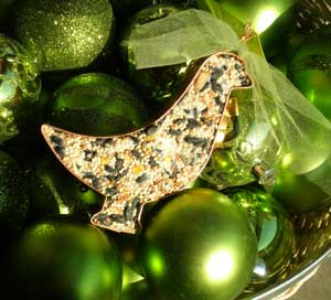 A copper cookie cutter turned into a bird feeder ornament!